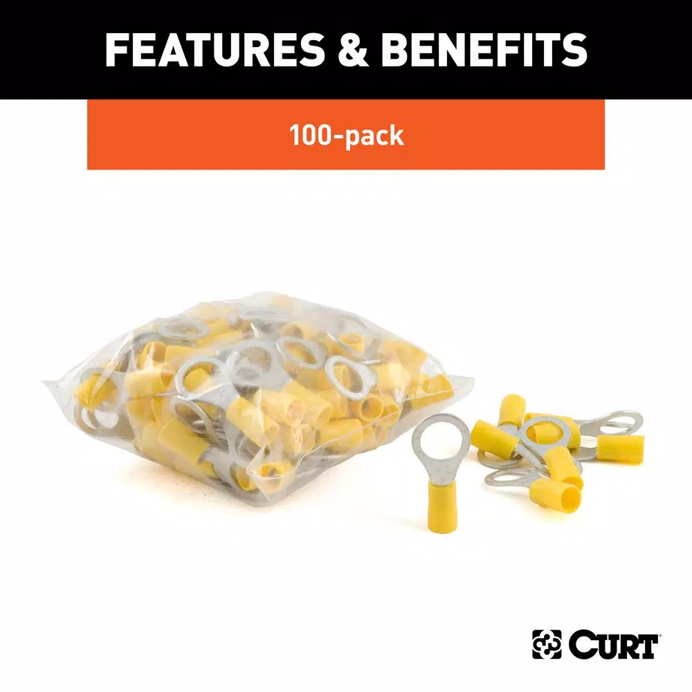 CURT Ring Terminals, 12-10 Gauge Wire, 3/8" Stud Size, Yellow, 100-Pack