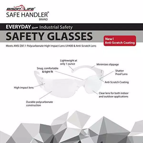 Bison Life Clear Lens Safety Glasses, Polycarbonate Scratch-Resistant Eyewear (Pack of 12)