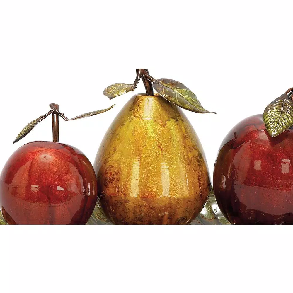 LITTON LANE Elegant Metal Fruit Sculpture Set - Golden Pear and Red Apples on Leaf Tray Base