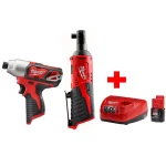 Milwaukee M12 12V Lithium-Ion Cordless 3/8 in. Ratchet and 1/4 in. Impact Driver Combo Kit with 2.0Ah Battery and Charger thumbnail 1