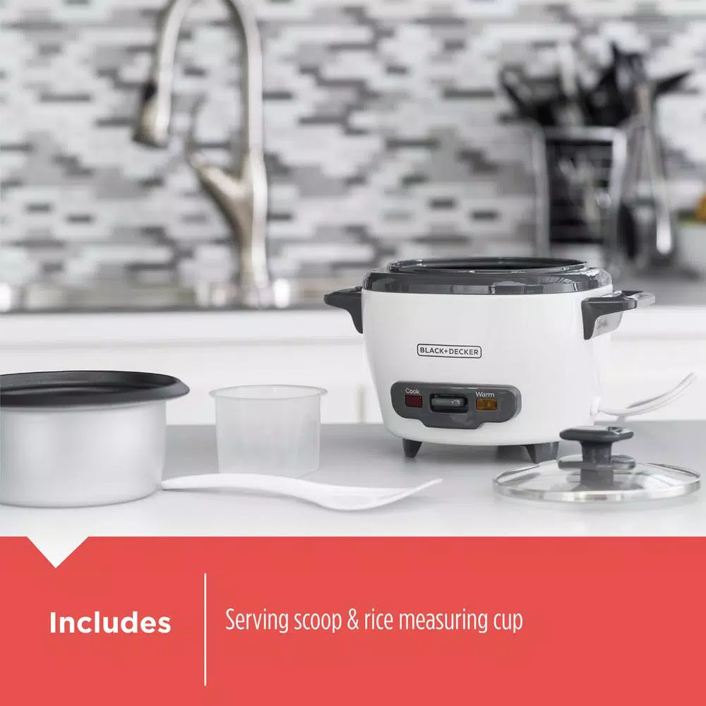 BLACK+DECKER 3-Cup White Electric Rice Cooker with Steaming Basket and Non-Stick Pot