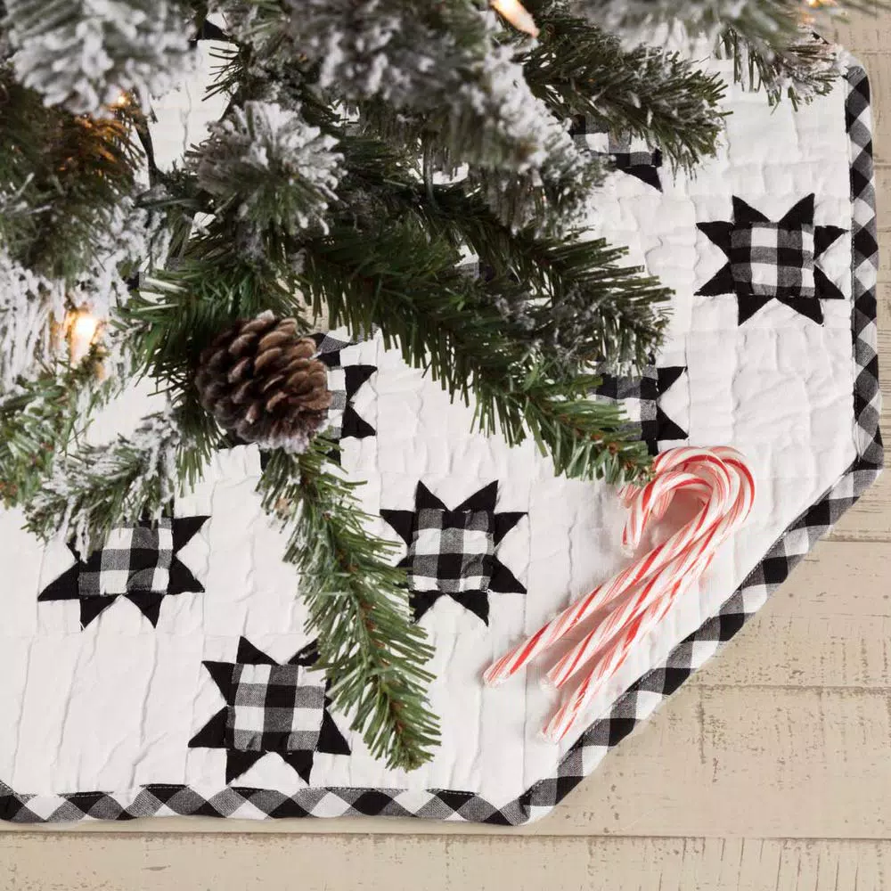 VHC Brands Emmie 21 in. Black and White Patchwork Christmas Tree Skirt, Hand-Quilted Cotton