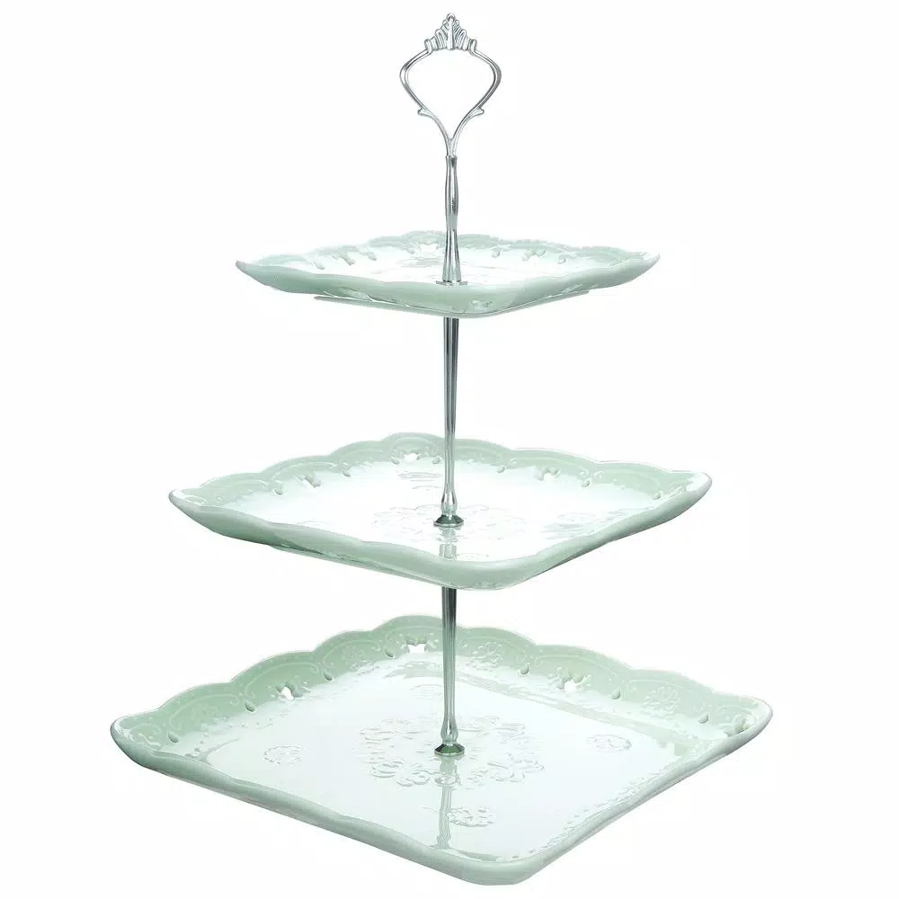 MALACASA 3-Tiered Green Porcelain Square Cupcake Tower Stand - 14.5 in. Dessert Serving Tray