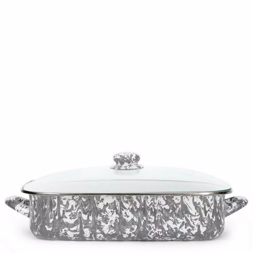 Golden Rabbit Grey Swirl 10.5 qt. Porcelain Enamelware Roasting Pan with Glass Lid
