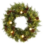 Nearly Natural 24 in. Pre-Lit Artificial Christmas Wreath with 57 Warm White Lights, Globe Bulbs, Berries and Pine Cones thumbnail 1