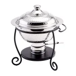 Old Dutch 10.5 in. Round Hammered Stainless Steel Chafing Dish with Black Iron Stand, 1.75 Qt. thumbnail 1