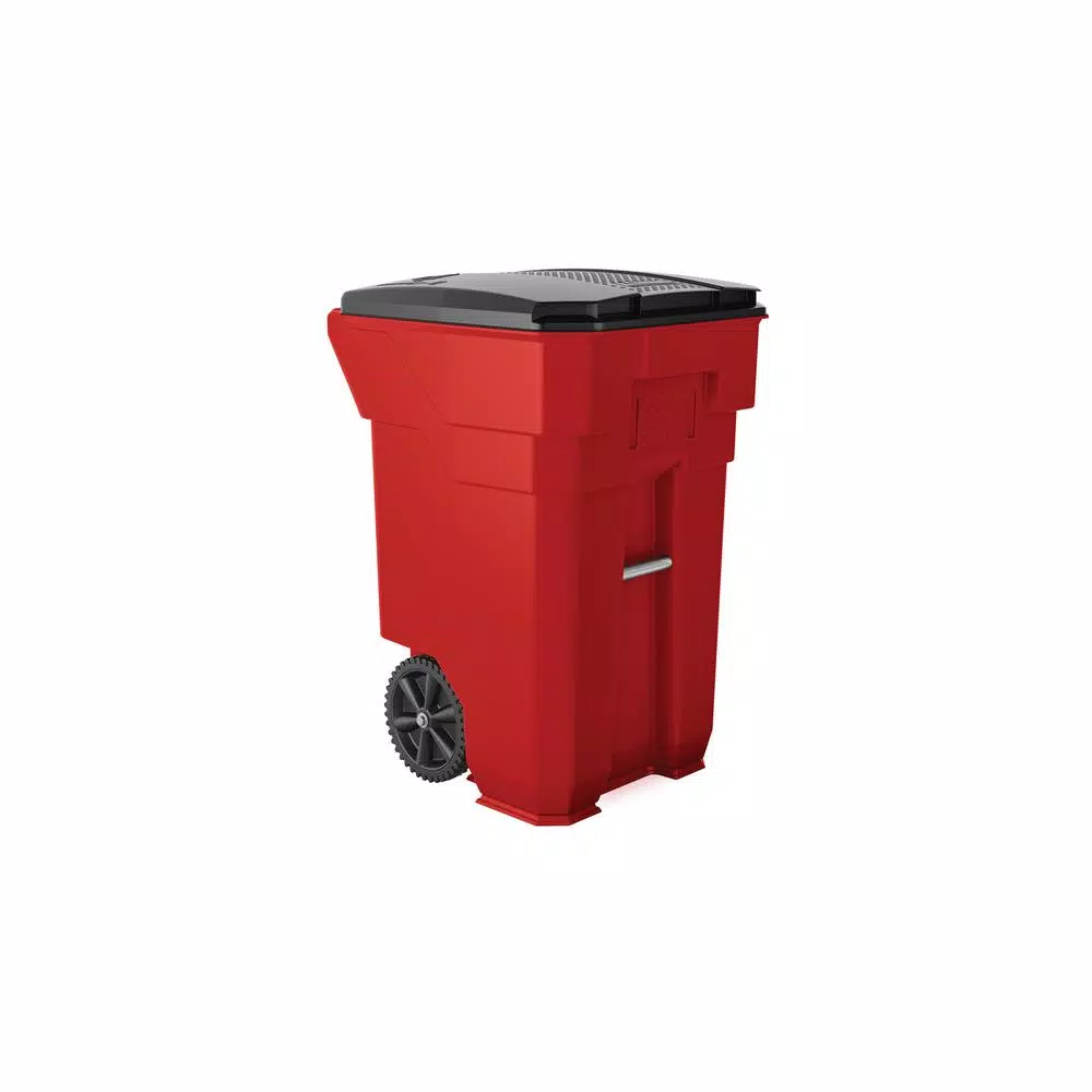Suncast Commercial Suncast 65 Gallon Commercial Red Plastic Trash Can with Wheels and Attached Lid