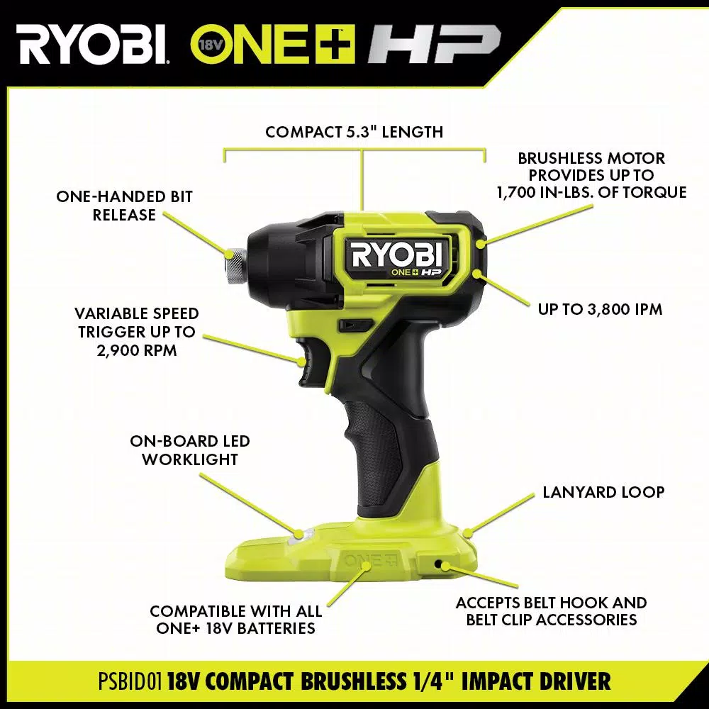 RYOBI ONE+ HP 18V Brushless Cordless Compact 3-Tool Combo Kit (Drill/Driver, Impact Driver, Impact Wrench)