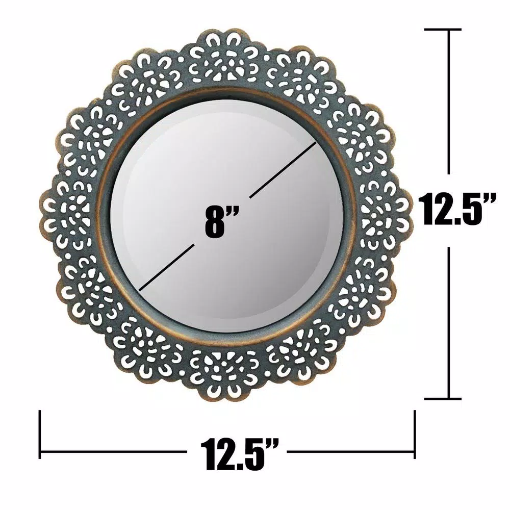 Stonebriar Collection Stonebriar Small Round Turquoise Metal Lace Accent Mirror with Brass Highlights, 12.5 in.