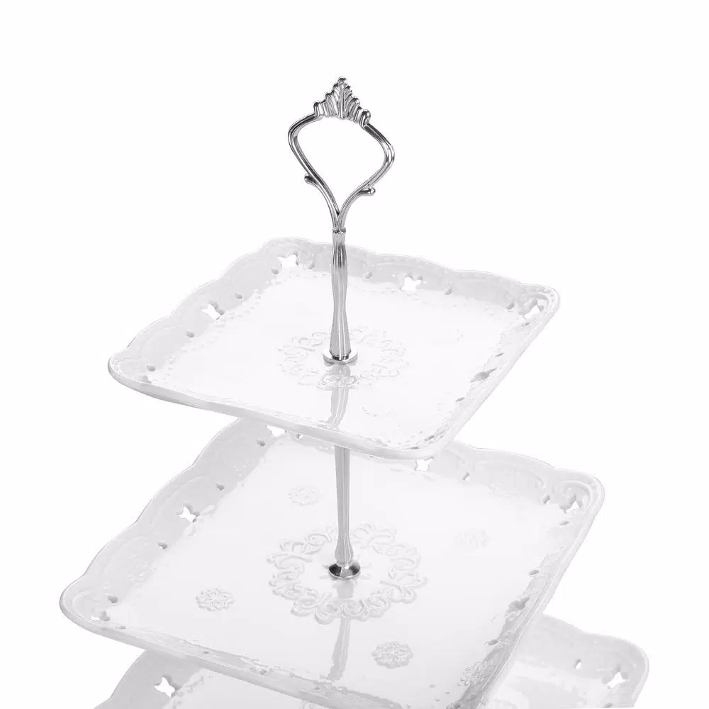 MALACASA 3-Tiered White Porcelain Square Cupcake Tower Stand - Elegant Dessert Serving Tray