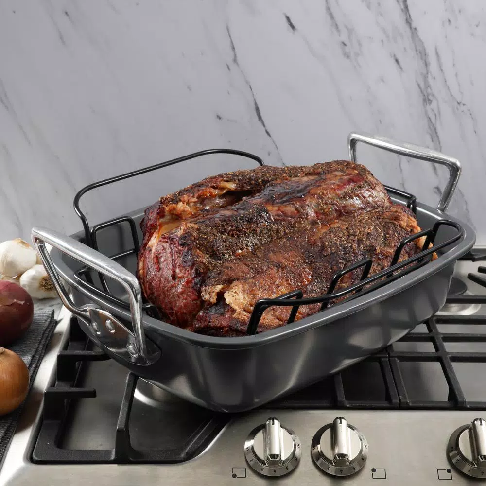 Kenmore Travers 2-Piece Non-Stick Steel Roasting Pan Set with Rack, 16.35 Qt, Gray