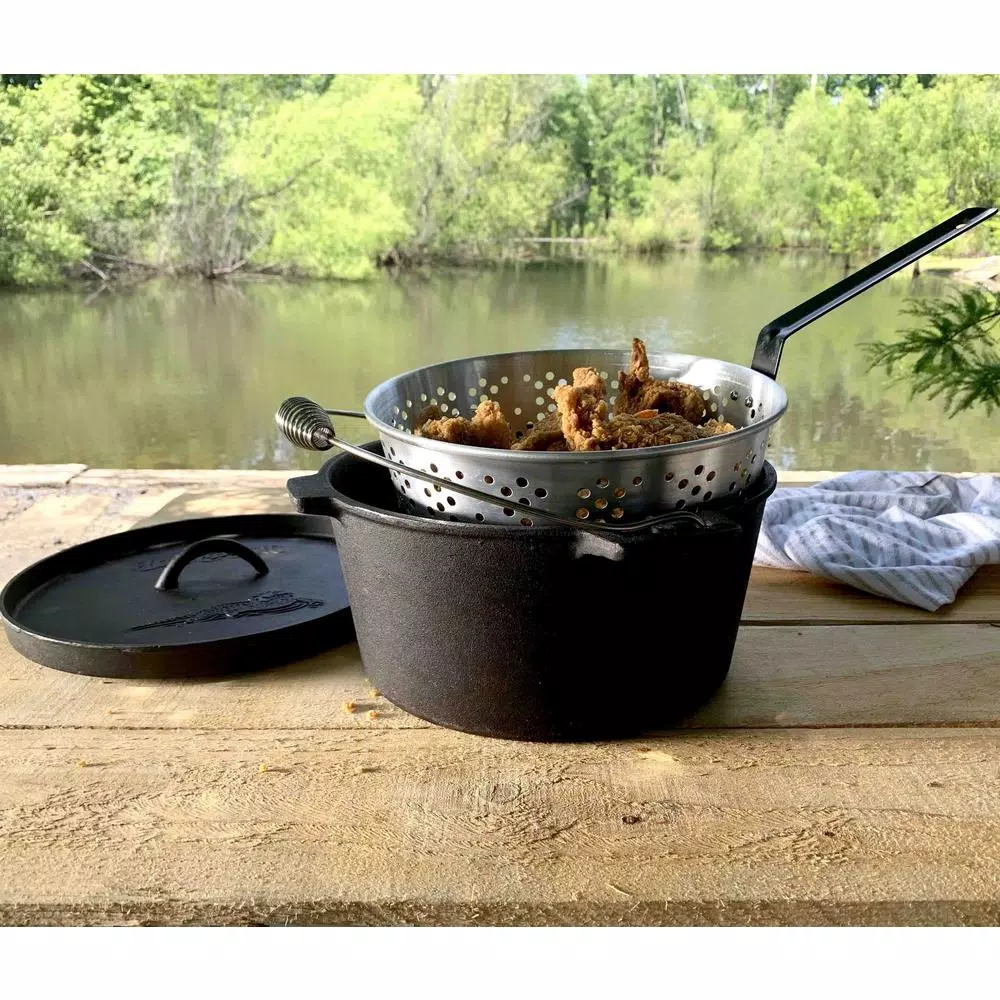 Bayou Classic 14 qt. Round Cast Iron Dutch Oven Set with Flanged Lid and Aluminum Fryer Basket, Black