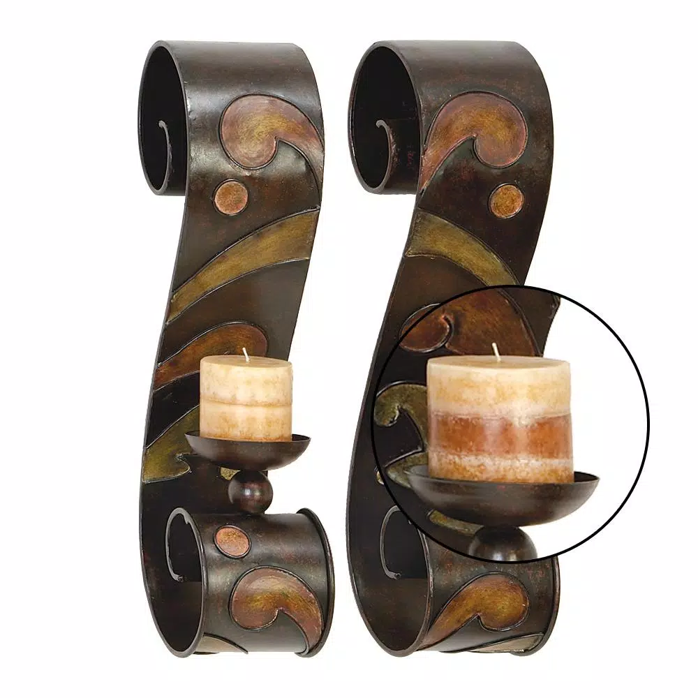 LITTON LANE 19 in. Scrolled Iron Candle Sconces with Metallic Brown Finish (Pair)