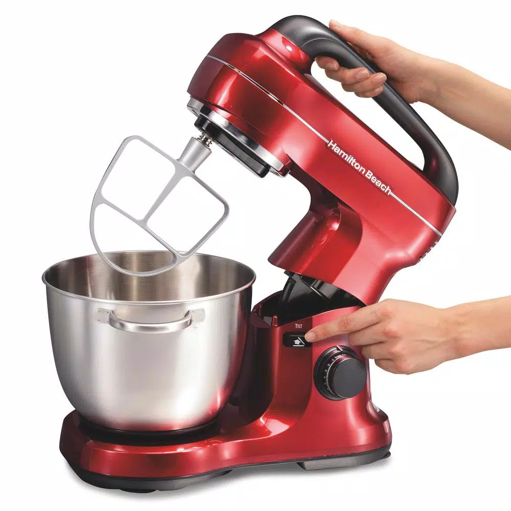 Hamilton Beach 4 Qt. 7-Speed Tilt Head Stand Mixer with Stainless Steel Bowl, Red