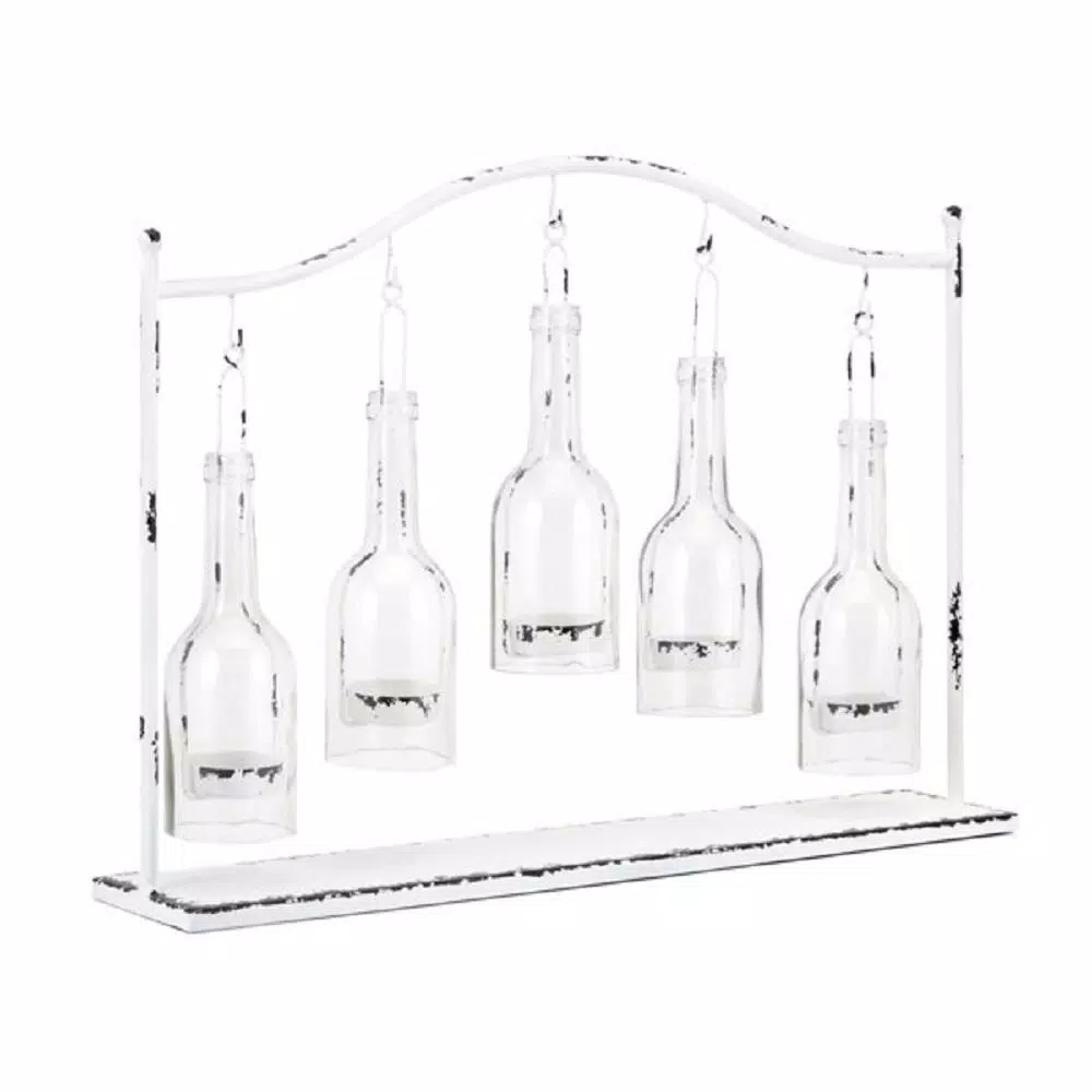 IMAX Persey 5-Votive Glass Bottle Hurricane Candle Holder, Distressed White Iron