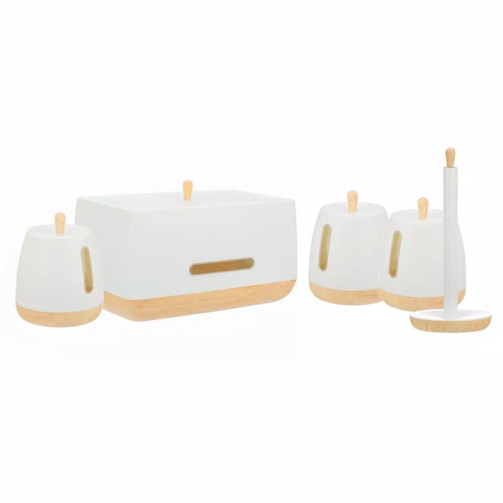 Jiallo European Collection 5-Piece Kitchen Storage Set - White Plastic Canisters & Bread Box