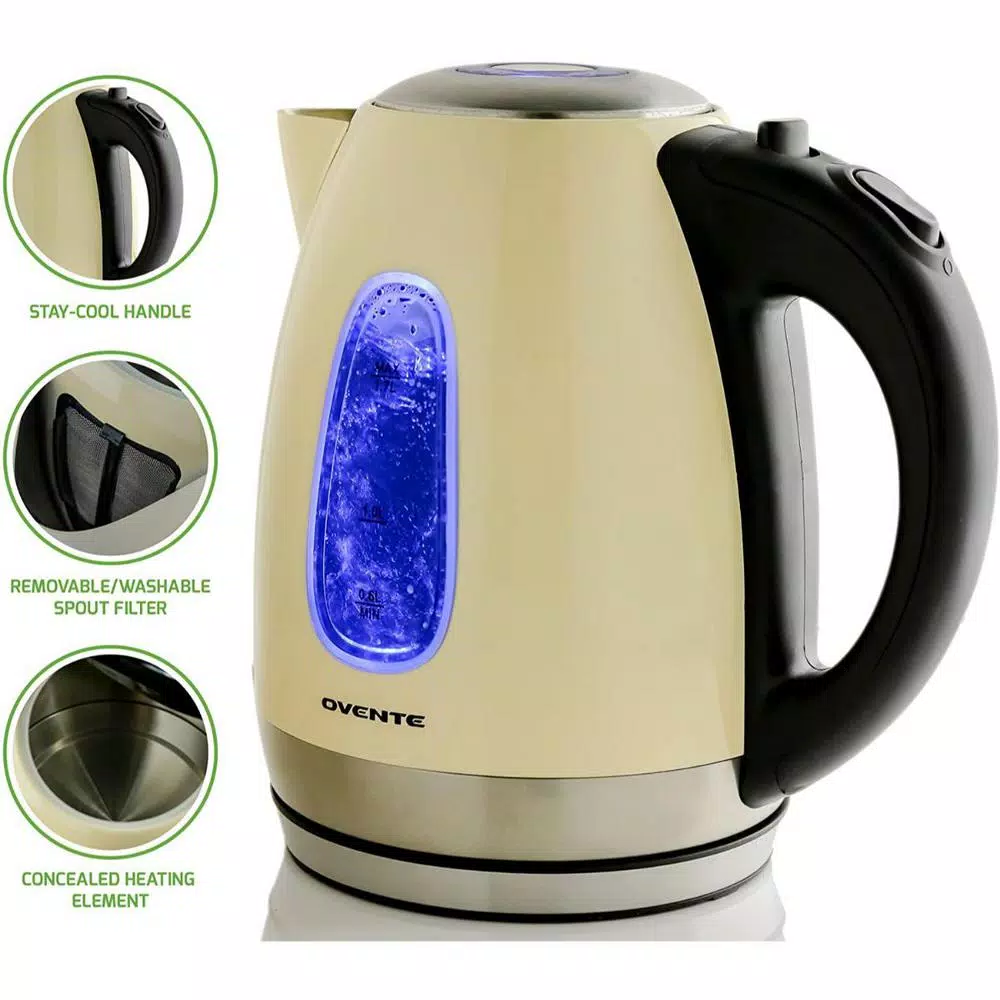 Ovente KS96 1.7L Stainless Steel Electric Kettle, 1100W Rapid Boil, Beige
