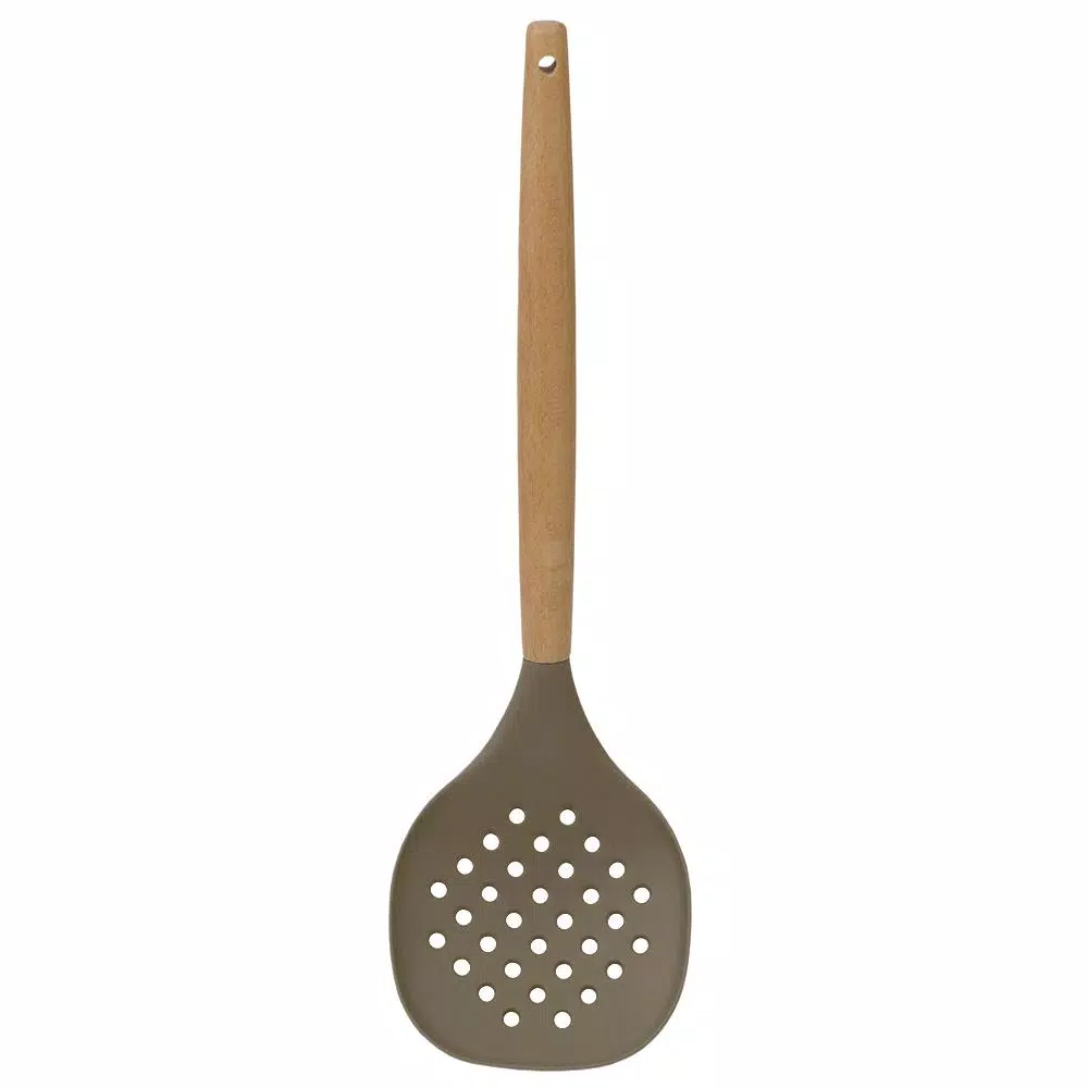 Home Basics Karina Silicone Skimmer with Natural Beech Wood Handle, Heat Resistant & Non-Stick Safe, Grey