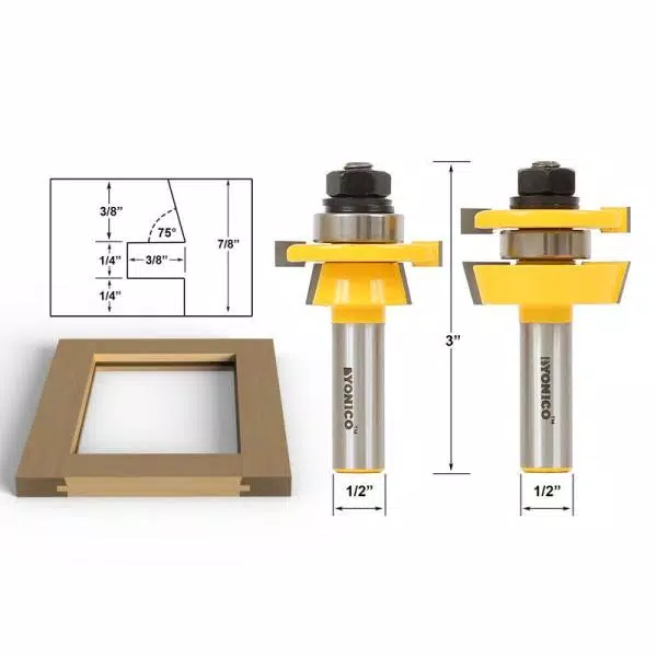 Yonico 2-Piece Shaker Rail and Stile Router Bit Set, 1/2 in. Shank, Carbide Tipped