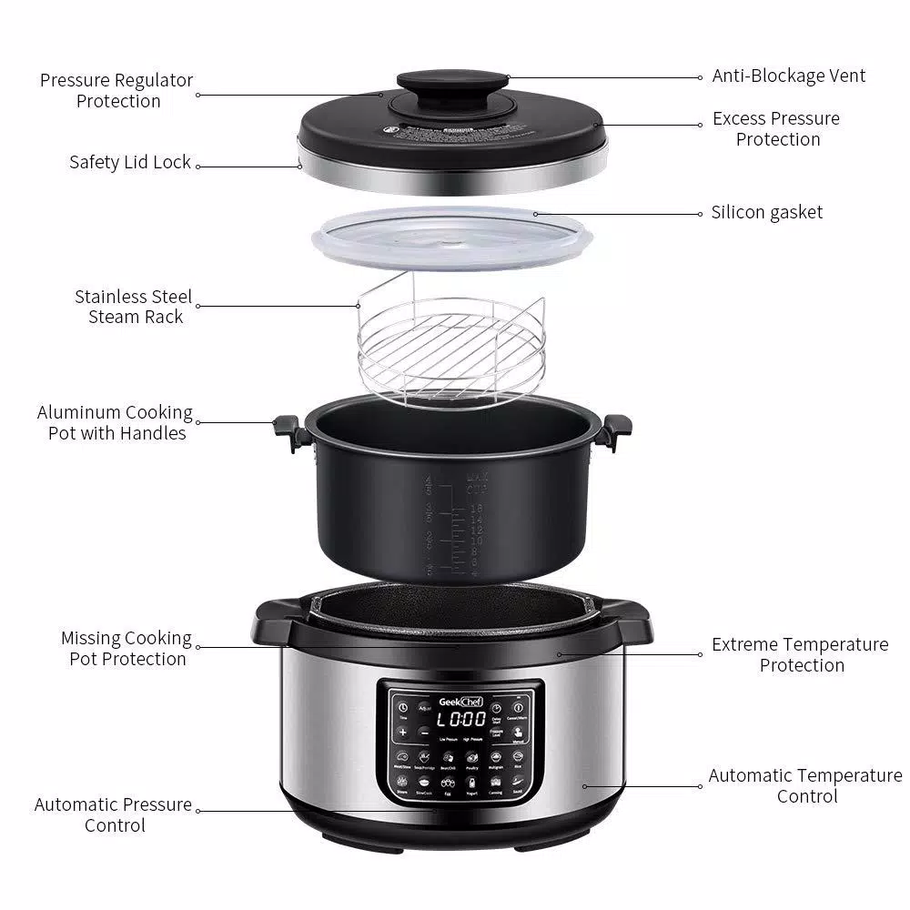 Boyel Living Geek Chef 8 Qt. Stainless Steel 12-in-1 Programmable Electric Pressure Cooker with Oval Non-Stick Pot