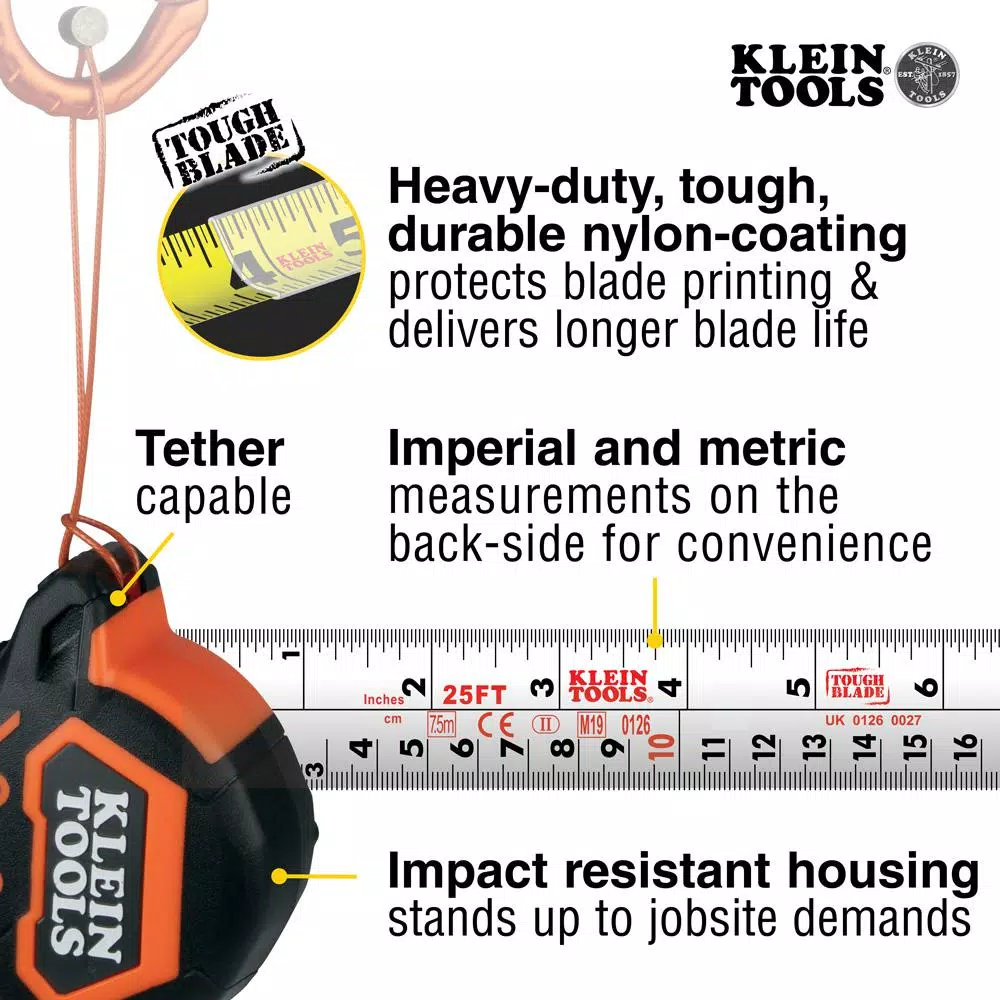 Klein Tools 7.5 m Magnetic Double-Hook Tape Measure, 25 ft Tough Blade