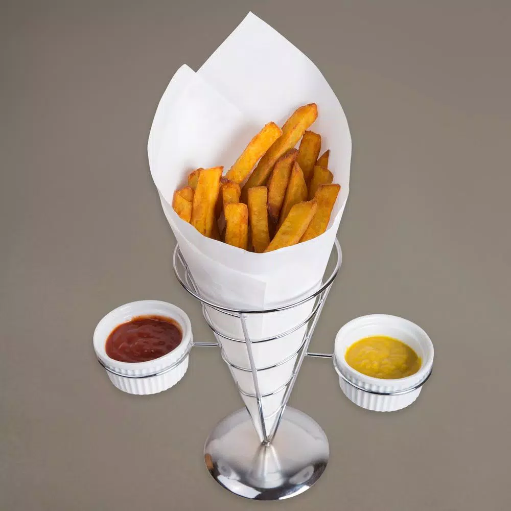 Creative Home Chrome Iron Wire French Fry Serving Set with Single Cone Holder and 2 Ceramic Ramekins