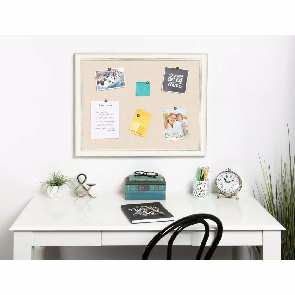 DesignOvation Macon Fabric Pinboard Memo Board - Framed White Linen Bulletin Board