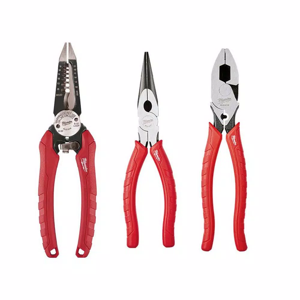 Milwaukee 3-Piece Pliers Set: 6-in-1 Wire Strippers, High Leverage Lineman's, and Long Nose Pliers