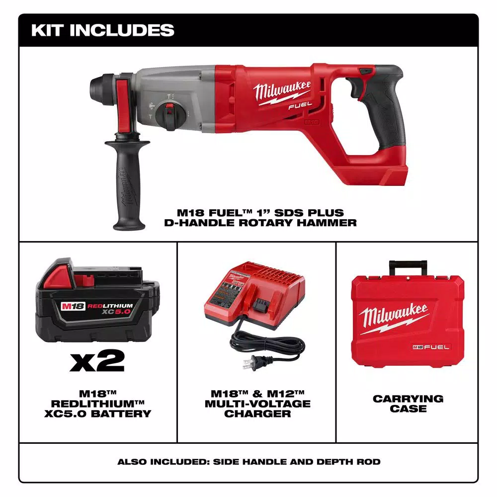 Milwaukee M18 FUEL 1 in. SDS-Plus Rotary Hammer Kit with Two 5.0 Ah Batteries and Charger
