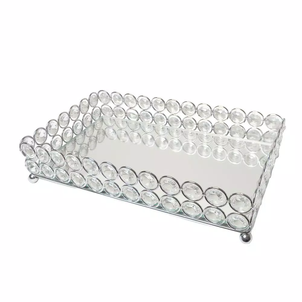 Elegant Designs 10.5 in. Chrome Ellipse Crystal Decorative Mirrored Jewelry and Makeup Vanity Organizer Tray
