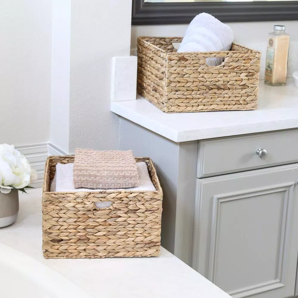 Seville Classics Water Hyacinth Storage Baskets, Hand-Woven Square Decorative Baskets, 2-Pack