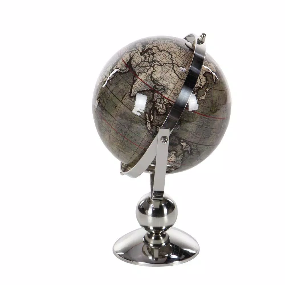 LITTON LANE Modern Reflections 11 in. Decorative Globe with Stainless Steel Stand, Brown and White