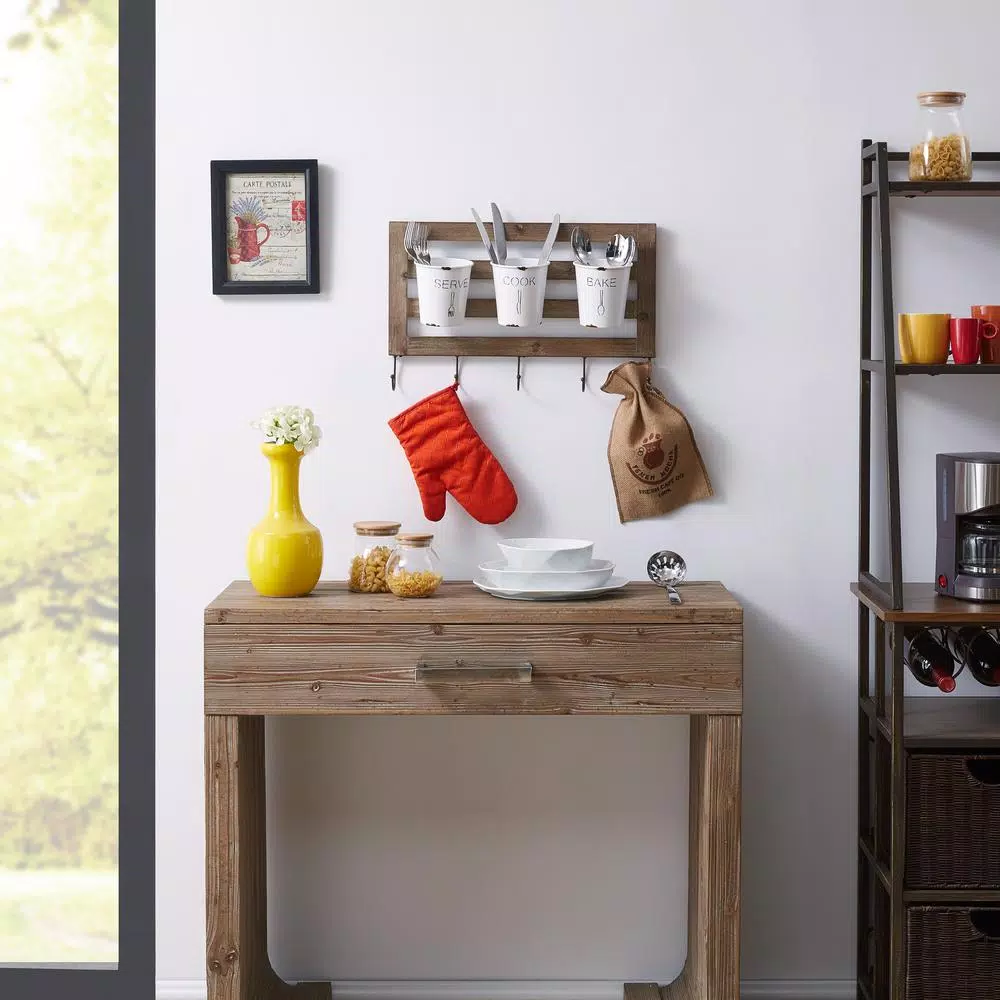 DANYA B DANAYA B. FHB2605 Rustic Hanging Utensil Caddy with 3 Tin Buckets and 5 Hooks