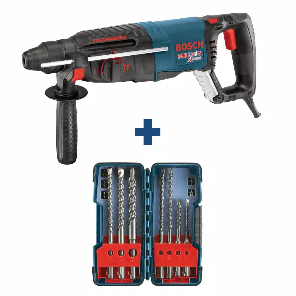 Bosch Bulldog Xtreme 8A Corded 1 in. SDS-Plus Rotary Hammer Kit with 7-Piece Carbide-Tipped Bit Set and Case
