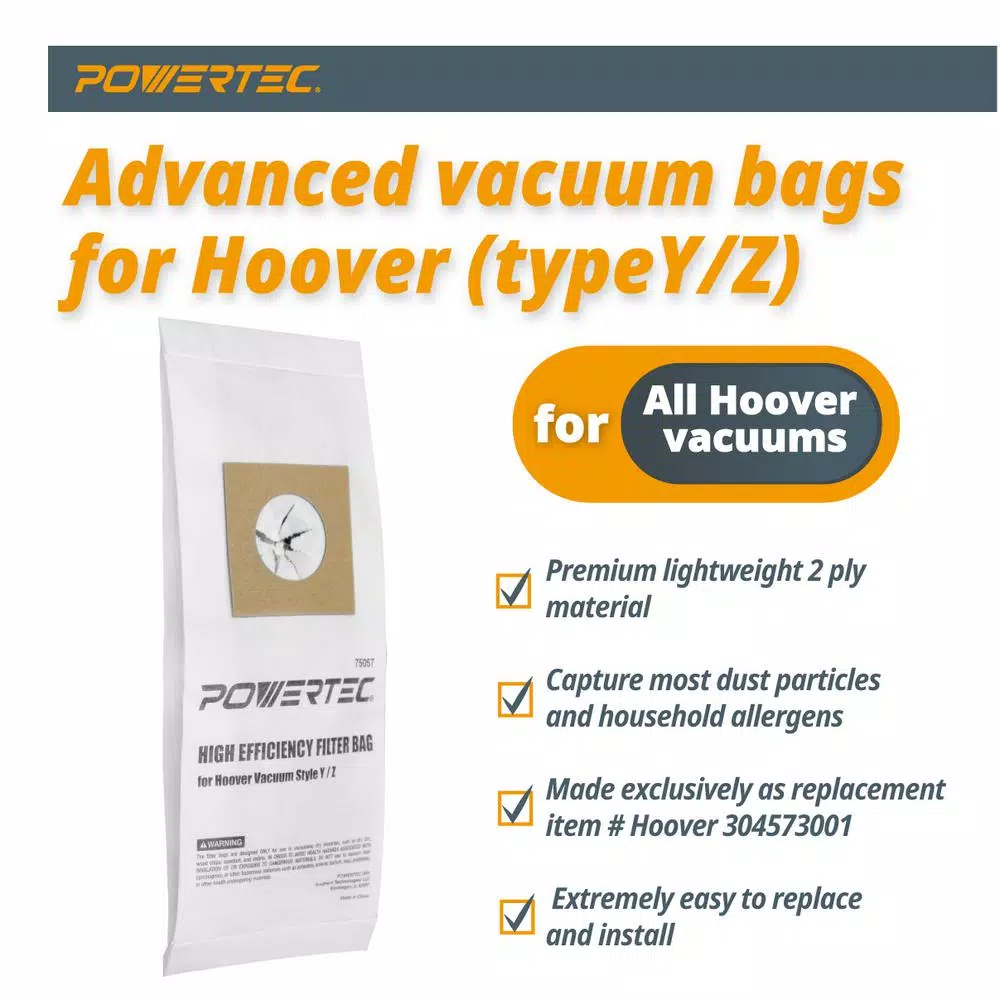 POWERTEC Replacement Filter Bags for Hoover Vacuum Style Y/Z, 2-Ply Allergen Protection, 10-Pack