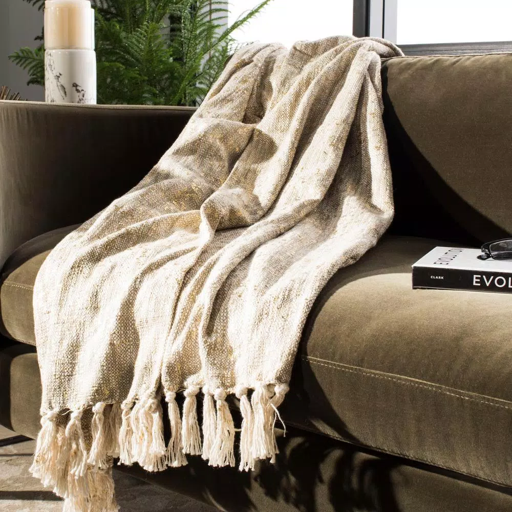 Safavieh Peppin Natural and Gold Geometric Cotton Throw Blanket with Fringe