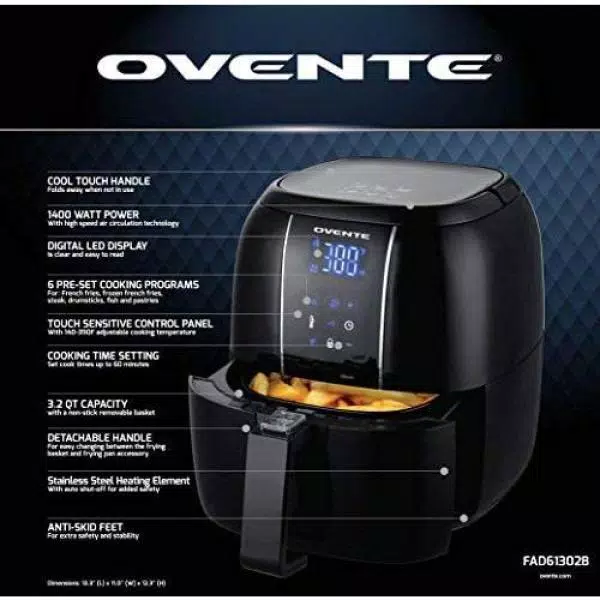 Ovente 3.2 Qt. Digital Air Fryer with Grill Pan and Non-Stick Basket, 1400W, 6 Presets