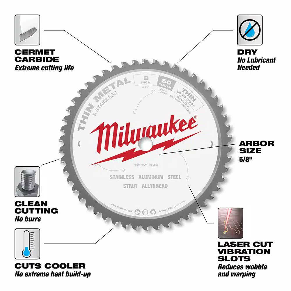 Milwaukee 8-1/4" 50T Carbide Metal & Stainless Steel Circular Saw Blade