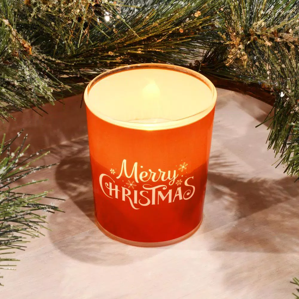 LUMABASE Red Glass LED Merry Christmas Battery Operated Flameless Candles, Set of 2