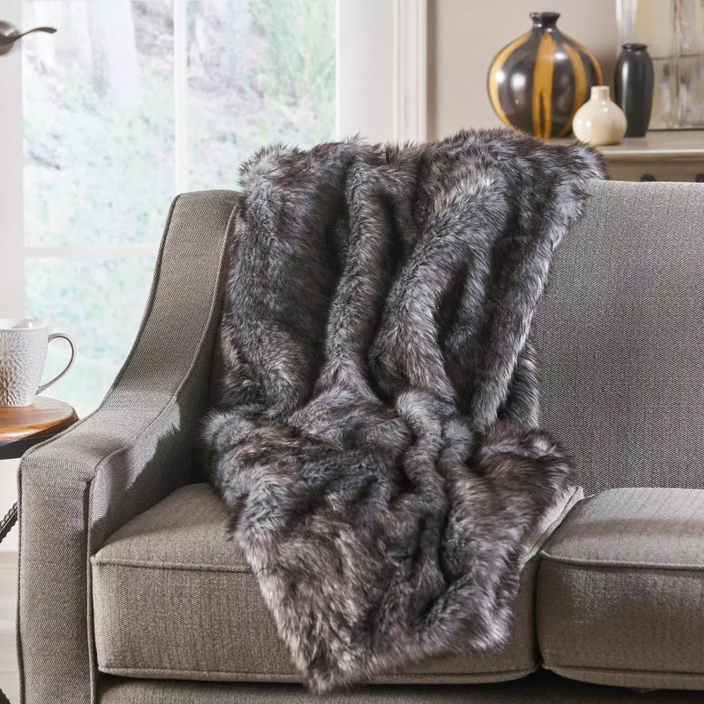 Noble House Warrin Black and White Streak Faux Fur Throw Blanket
