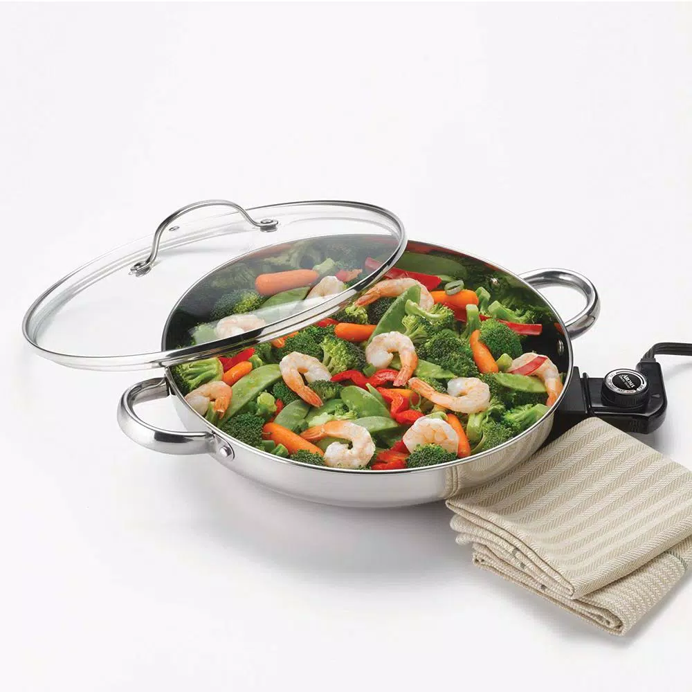 AROMA Gourmet 132 sq. in. Stainless Steel Electric Skillet with Tempered Glass Lid