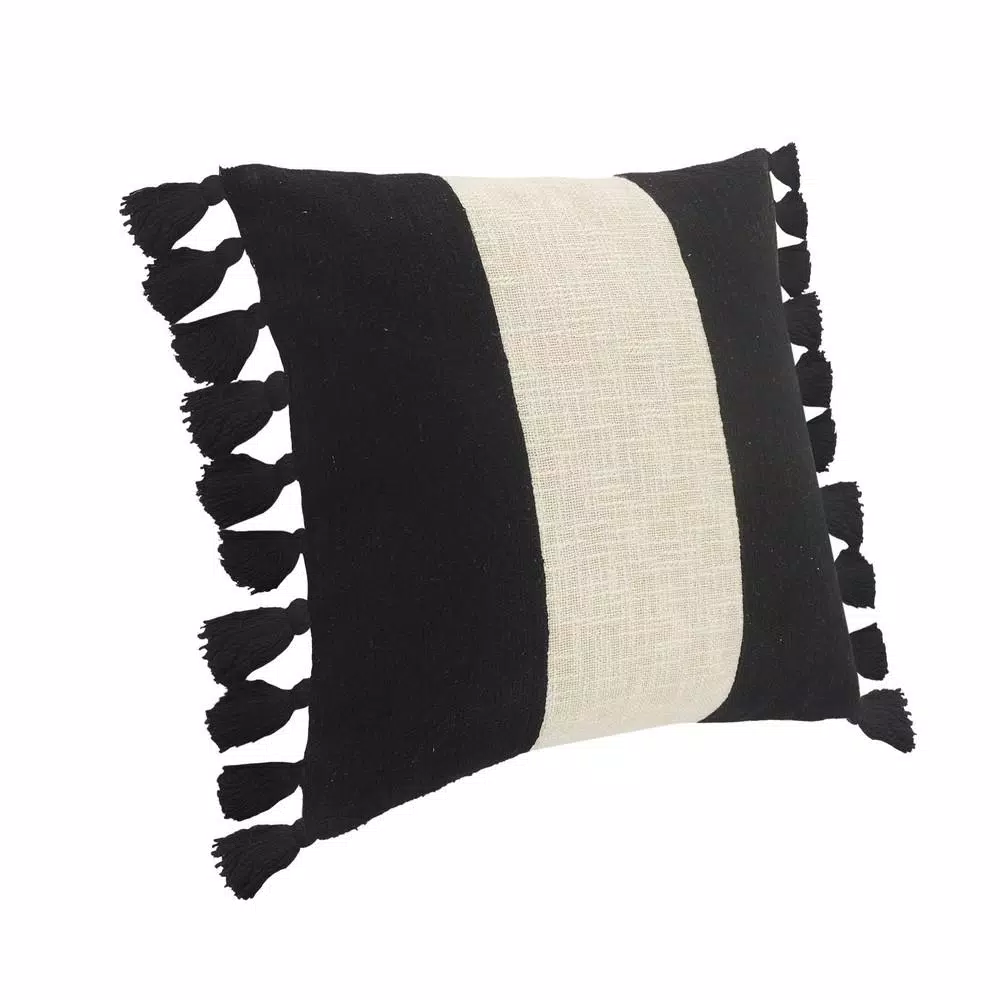 LR Home Trinity Black and Ivory Striped Fringe Throw Pillow, 20 x 20 in.