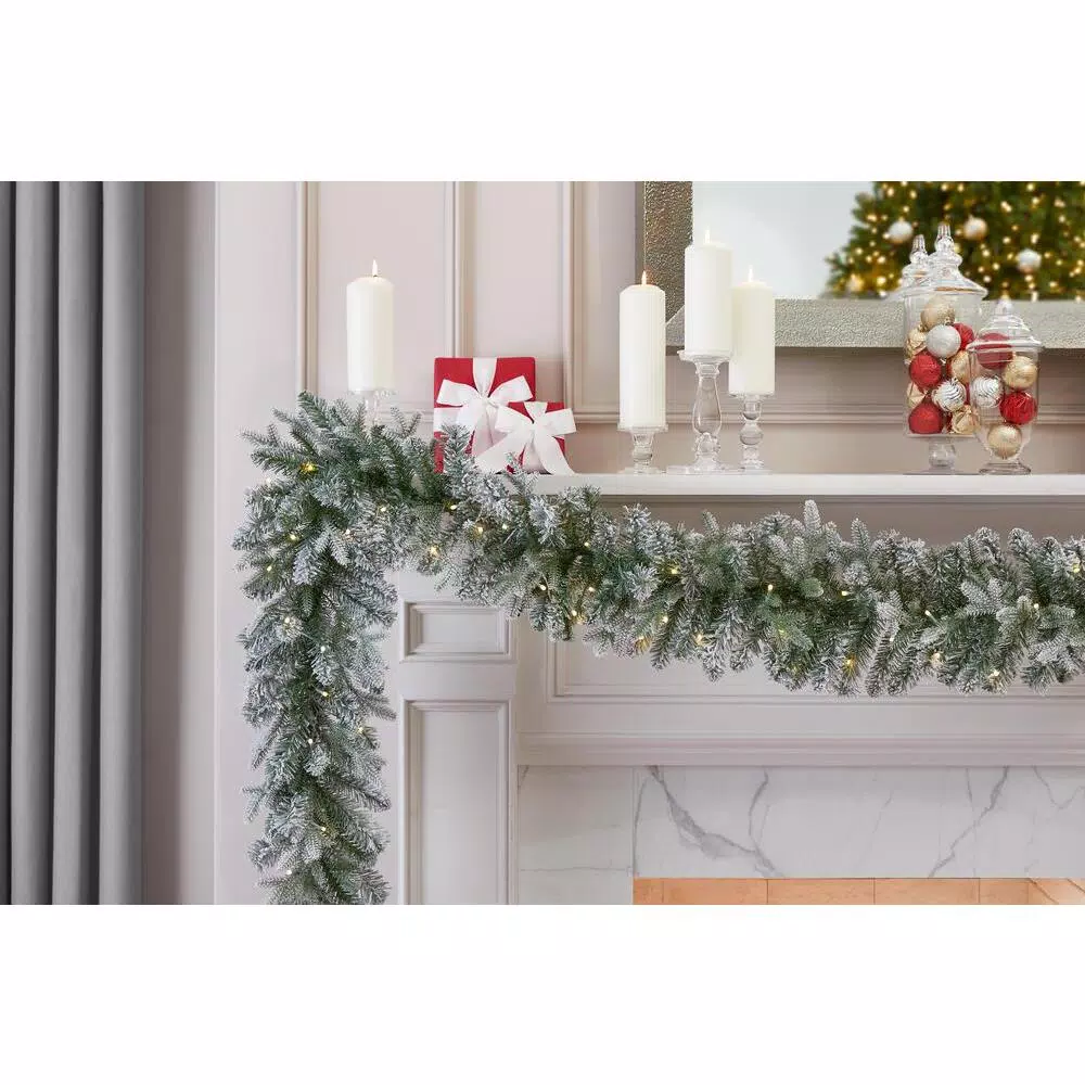 Home Accents Holiday 9 ft. Pre-Lit Flocked Frasier Fir LED Garland with Timer