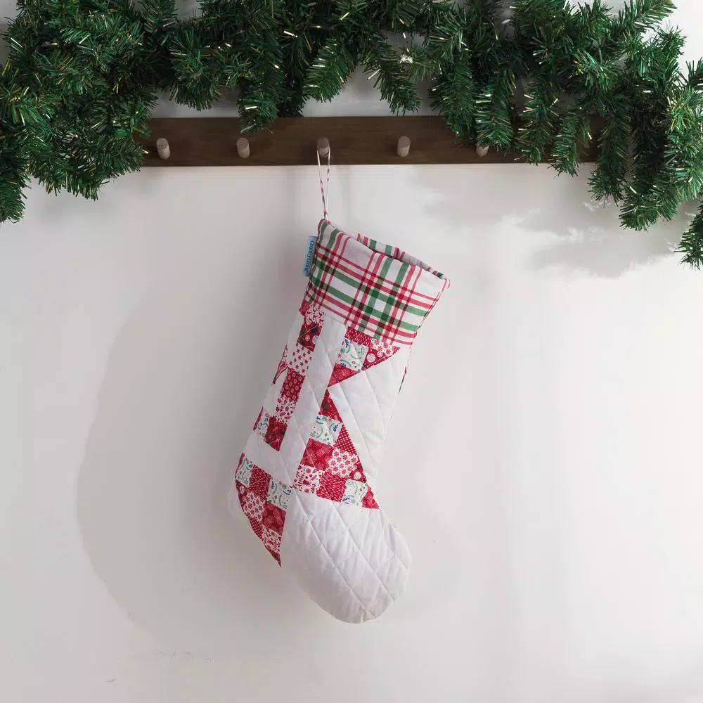 Country Living Angelina Red Patchwork Star Christmas Stocking - 17.5 in. Reversible Microfiber