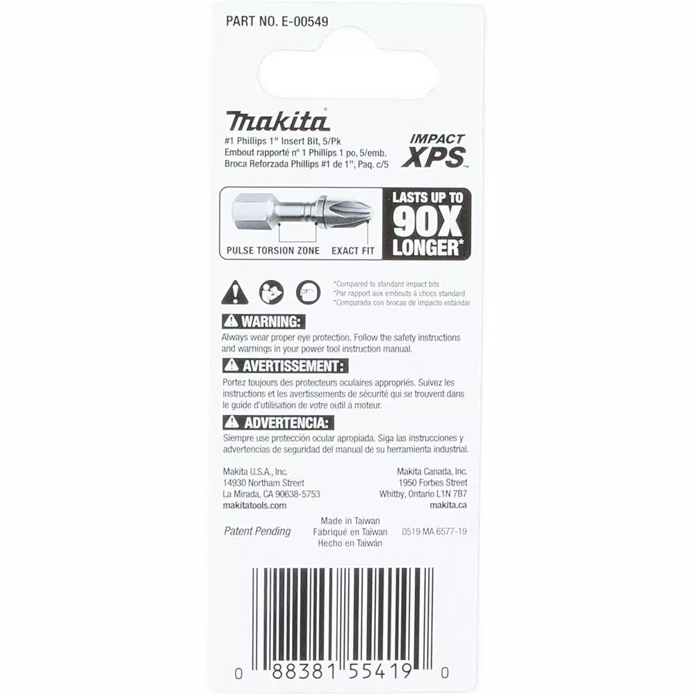 Makita ImpactXPS #1 Phillips 1 in. Insert Bits (5-Pack) for High-Torque Impact Drivers