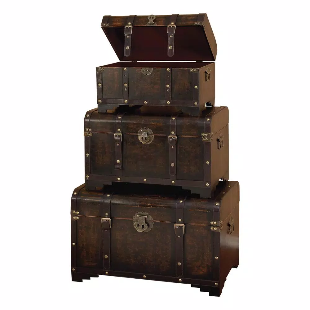 LITTON LANE Set of 3 Distressed Brown Trunk-Style Decorative Boxes with Faux Leather Cover
