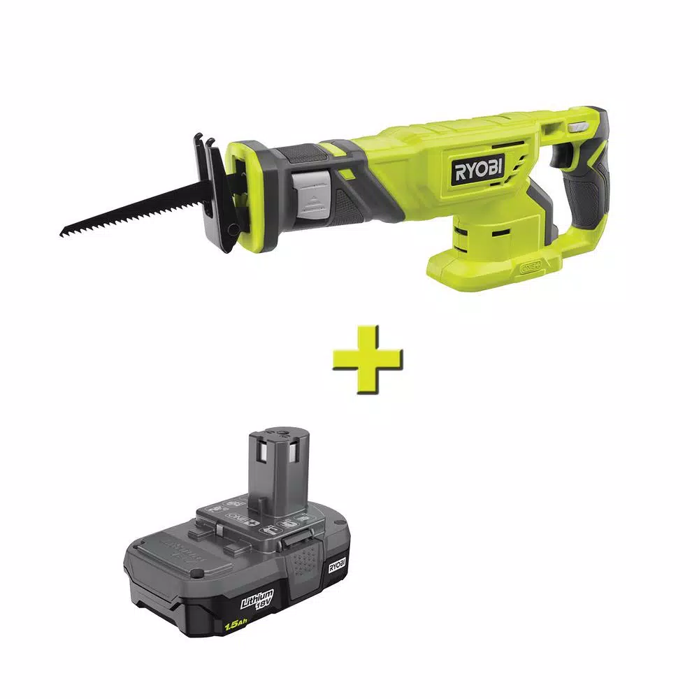RYOBI 18V ONE+ Cordless Reciprocating Saw with 1.5 Ah Lithium-Ion Battery and 6" Wood Blade