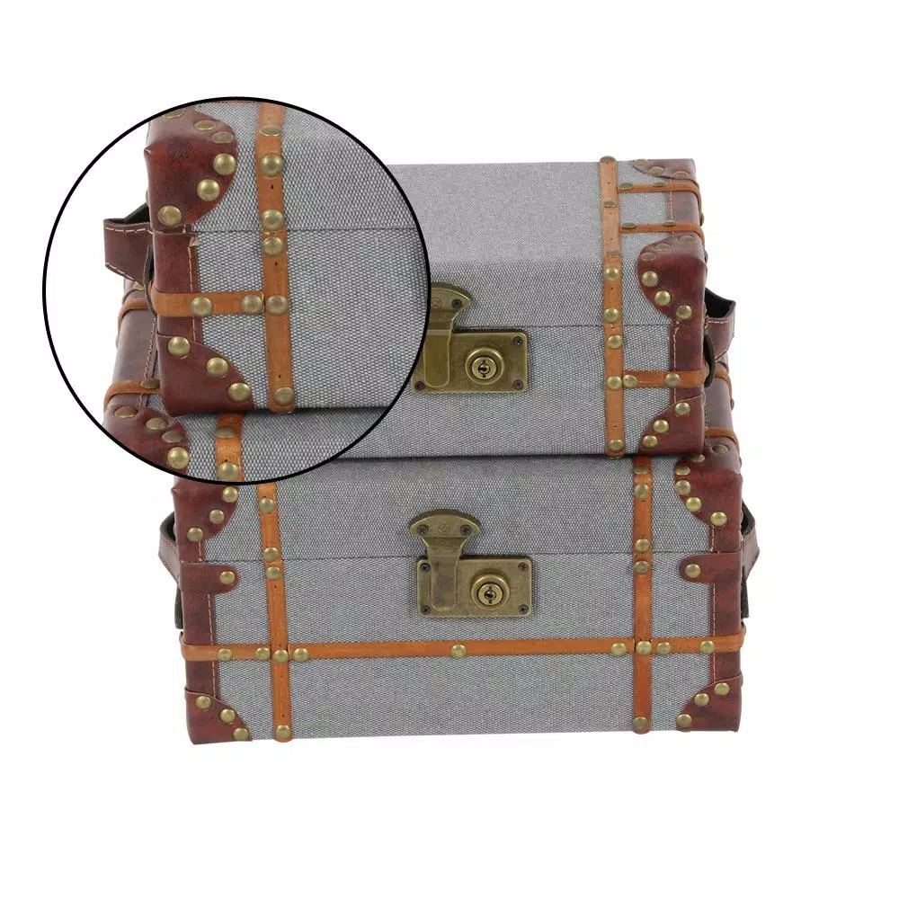 LITTON LANE Globetrotter Wood and Gray Burlap Fabric Decorative Storage Boxes with Leather Accents, Set of 2