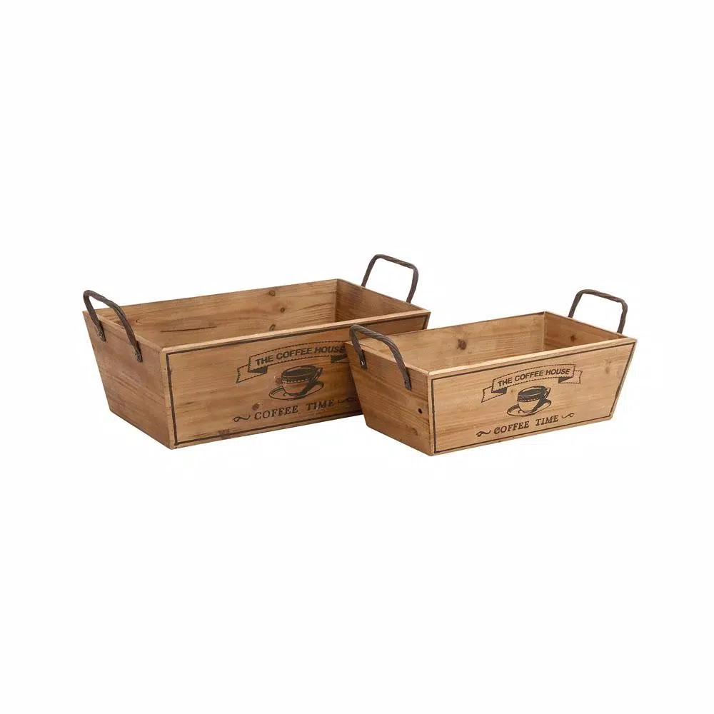 LITTON LANE Farmhouse Natural Brown Wood and Iron Decorative Wine Trays, Set of 2