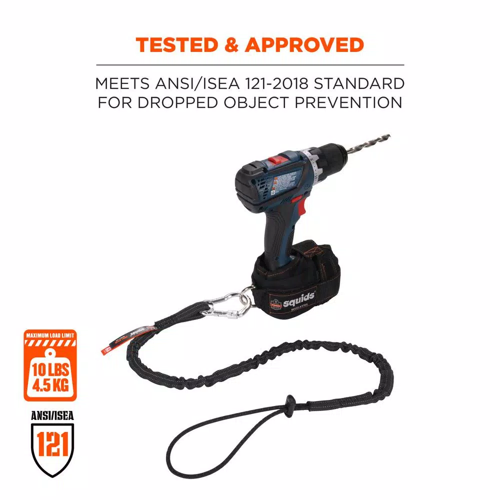 Ergodyne Squids 3100 Black Extended Shock-Absorbing Tool Lanyard with Single Carabiner